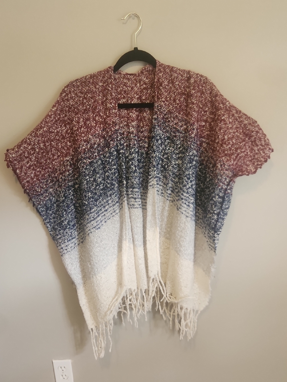 Ombre Knit Fringe Poncho in Burgundy, Navy & Cream